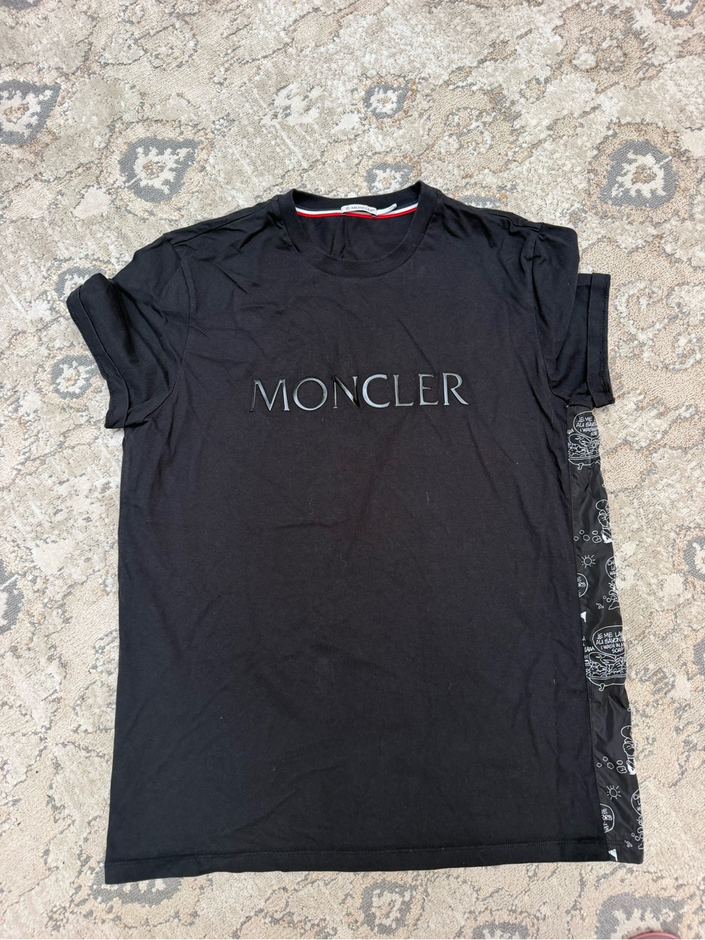 Moncler Black Logo Short Sleeve Crewneck Tee with Patterned Side Panel